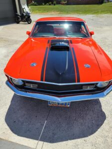 1969 Red Ford Mustang Mach 1 hood