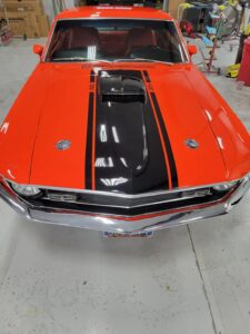 1969 Red Ford Mustang Mach 1 hood stripe