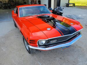 1969 Red Ford Mustang Mach 1 hood passenger side
