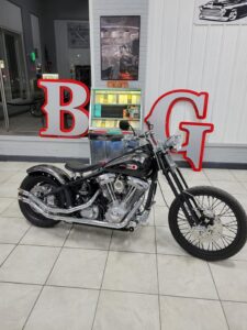 Custom Harley Davidson for Foreigner in front of Barker Gang jukebox