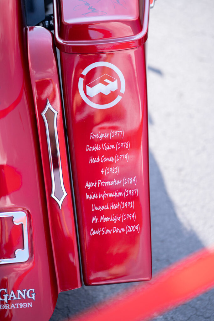 Shriners Children's motorcycle fender with Foreigner record list